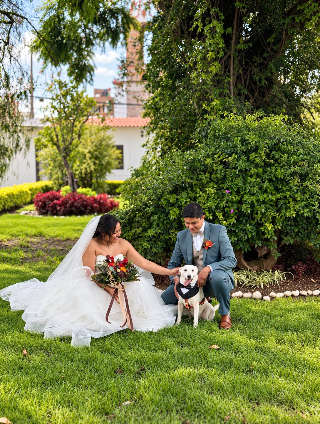 Novios sentados en el jardín acariciando a su perro labrador con moño