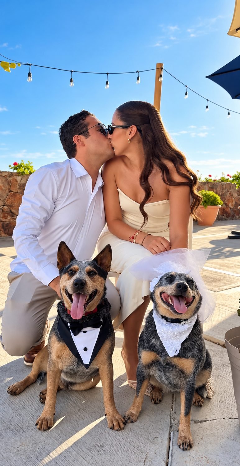 Pareja dándose un beso con sus dos perros vestidos de novios