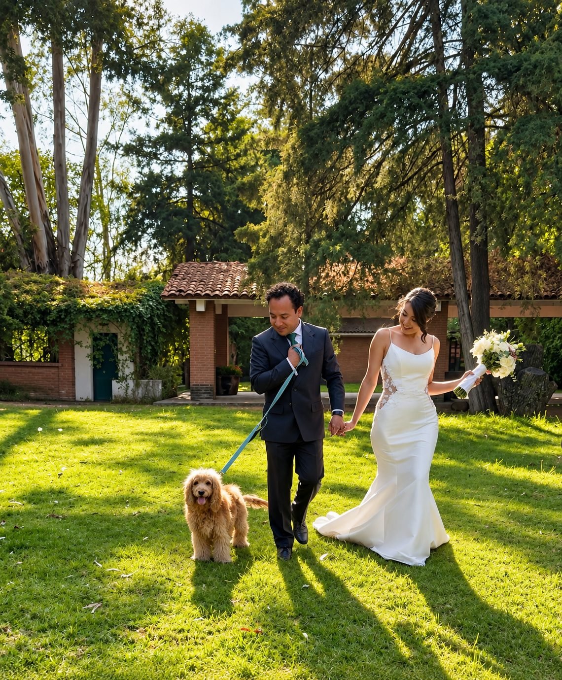 Novios caminando por el jardín con su perro cocker spaniel