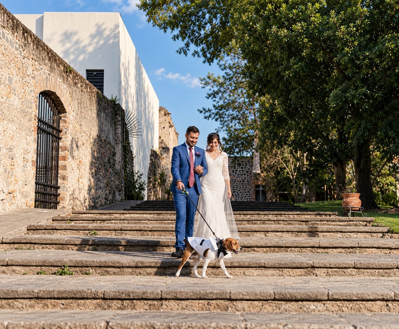 Novios bajando las escaleras de un venue con su perro con esmoquin